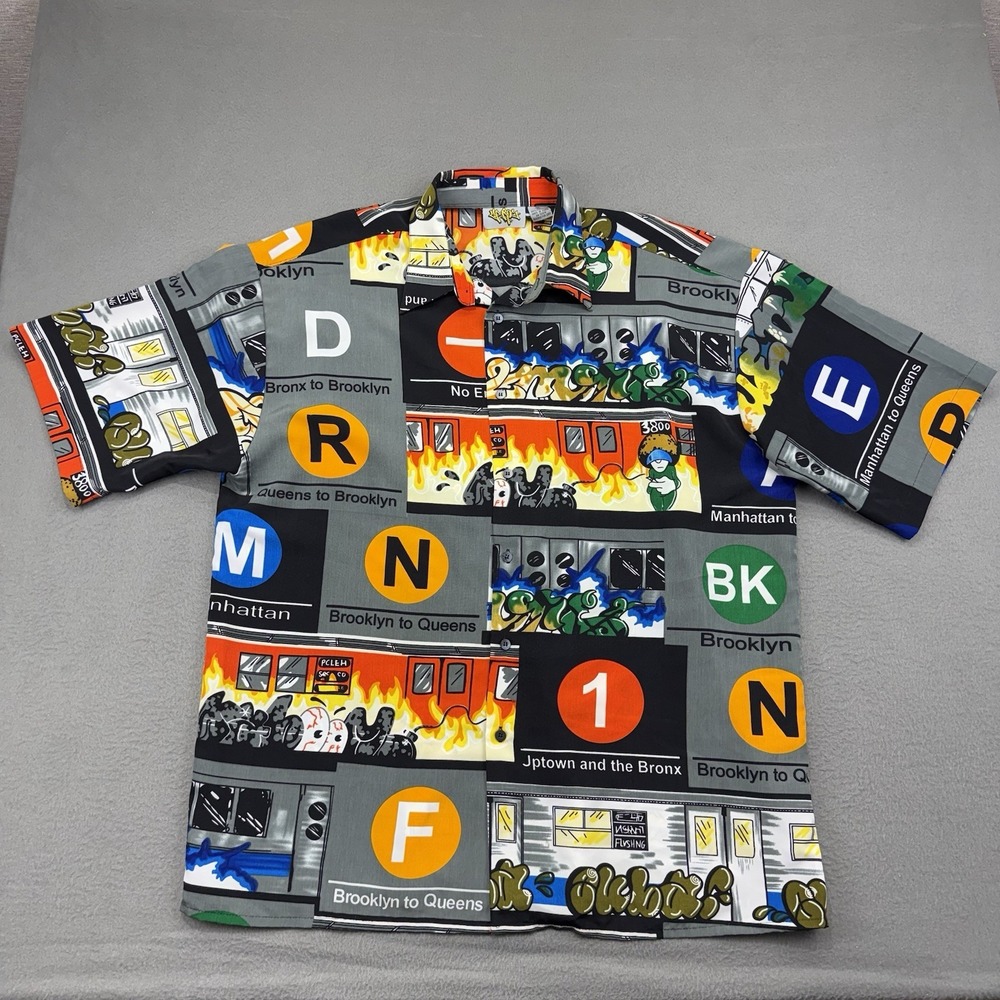 Vtg Y2K UP ROC-NEW YORK BROOKLYN BRONX QUEENS Subway GRAFFITI XL Button Shirt